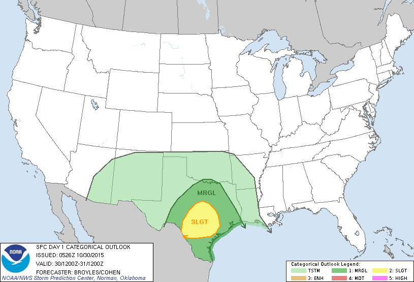According to NOAA, conditions for damaging winds, hail and isolated tornadoes are highest over central Texas. (NOAA)