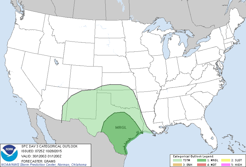 Houston is included in an area that faces a marginal risk of strong winds and isolated tornadoes on Friday night and Saturday morning. (NOAA)