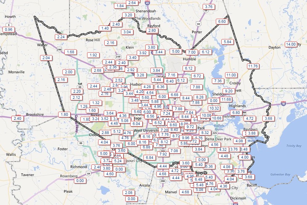 24-hour rain totals during the great Halloween rain storm of 2015. (Harris County)