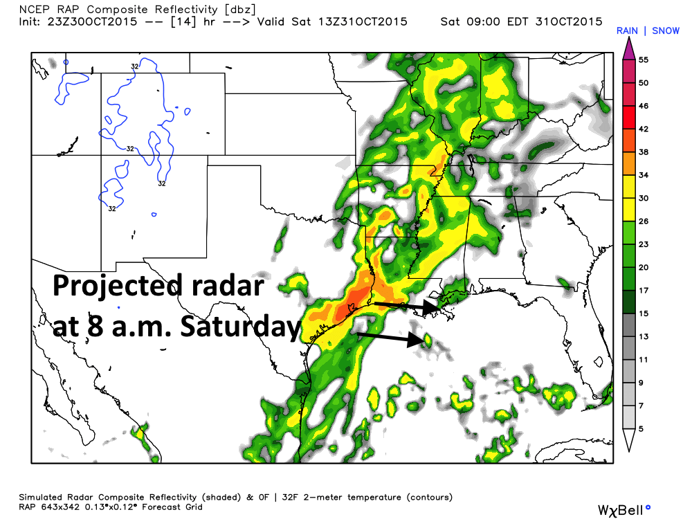 RAP model forecast for radar reflectivity at 8 a.m. CT on Saturday. (Weather Bell)