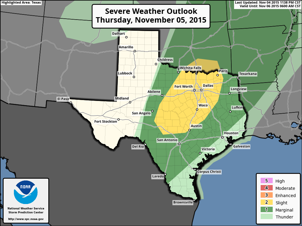 Areas in yellow have a slight chance of severe weather today. (NOAA)