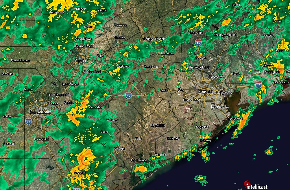 Texas is seeing scattered light- to moderate showers today and some of that should move into Houston later today. (Intellicast)