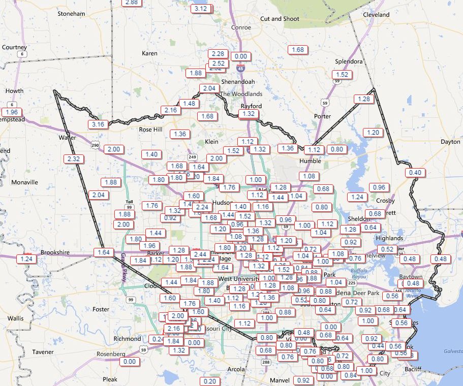 As expected, rain accumulations last night and this morning have brought the greatest amounts north of Houston. (HCOEM)