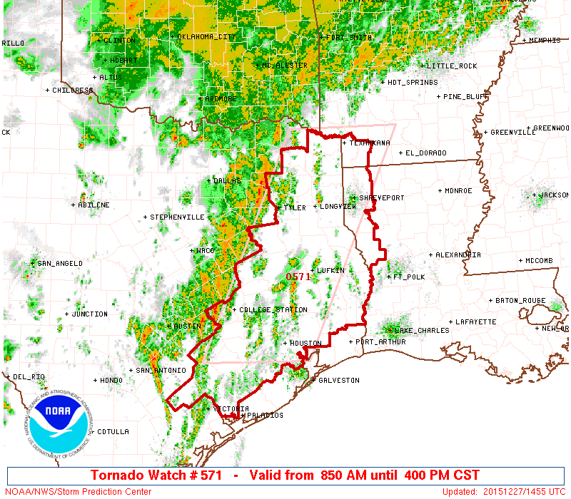 A Tornado Watch includes most of Southeast Texas through 4 PM. (NOAA)