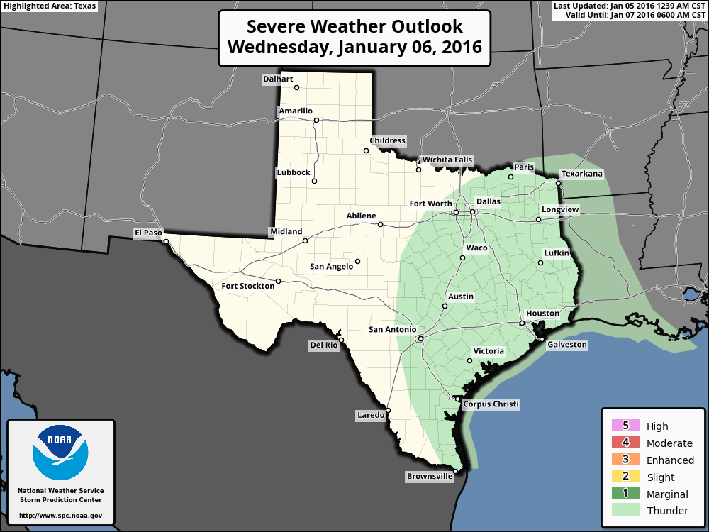The Houston area is under only a very slight risk of thunderstorms on Wednesday night. (Weather Bell)
