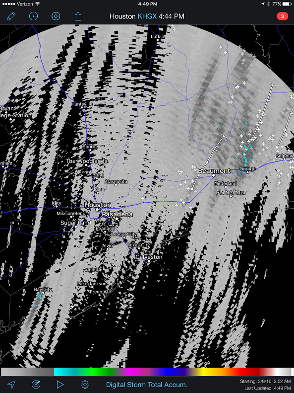 Rainfall through 4:30 PM Tuesday has been light for most. Blue specks near Beaumont indicate 1-2" though. (Radarscope)