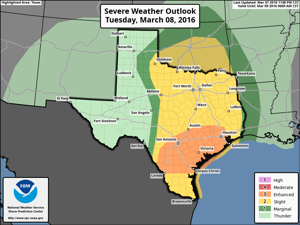 Severe weather risk today is highest from Houston to points south and west. (NOAA)