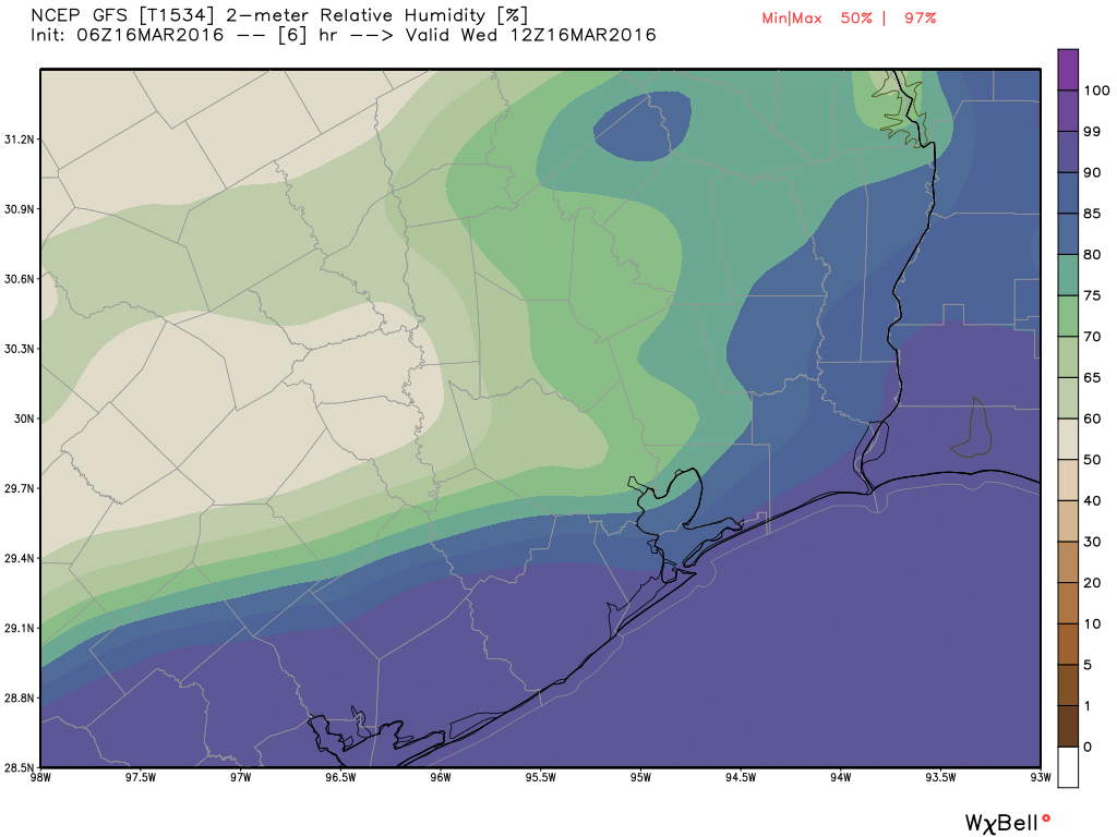Relative humidity as of 6 a.m. CT Wednesday in Houston. (Weather Bell)