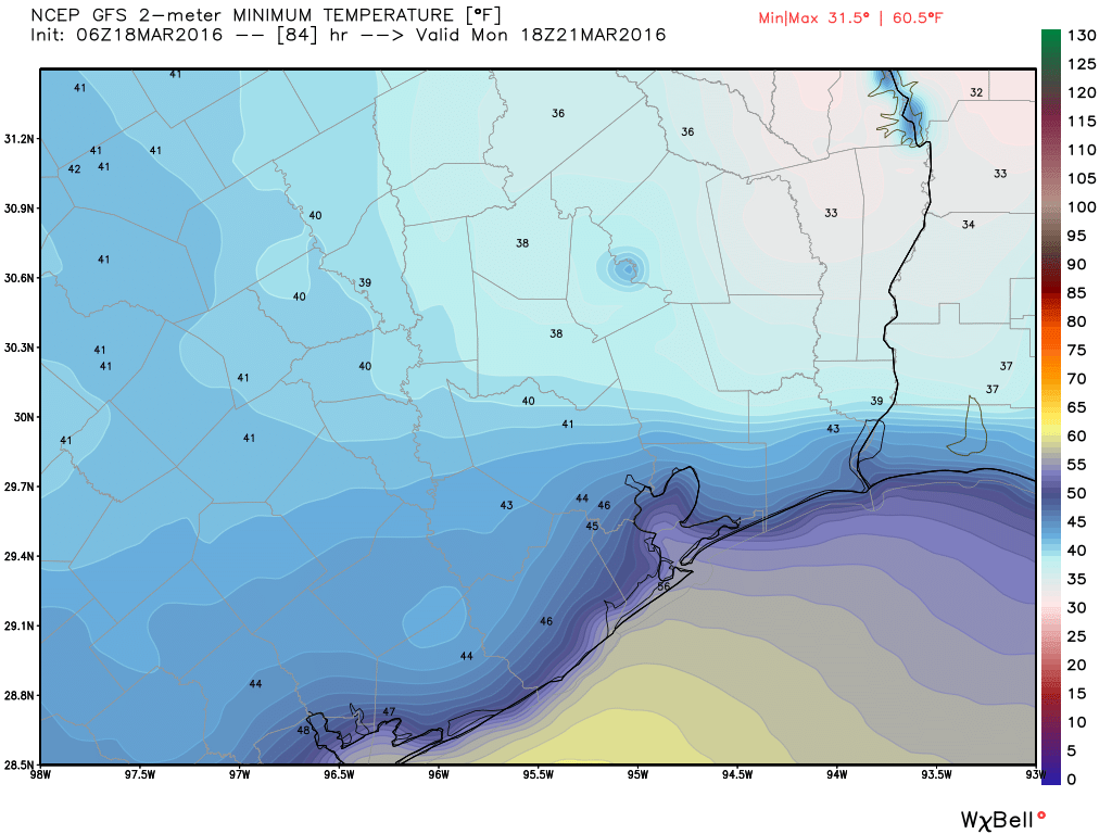 How low can you go? GFS model forecast for Monday morning. (Weather Bell)