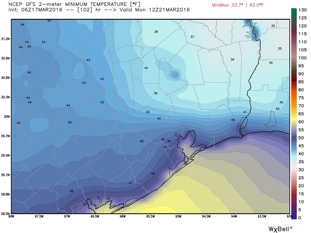 GFS model forecast low temperatures for Monday morning. (Weather Bell)