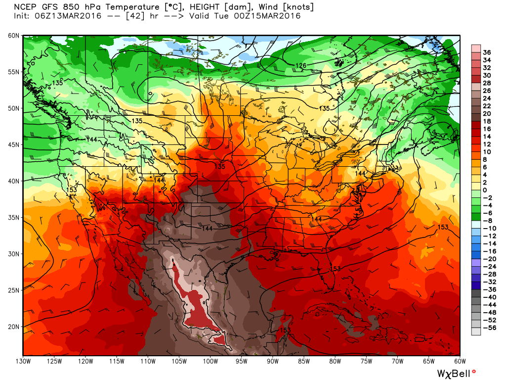 Air temperatures at the 850 mb level on Monday evening. (Weather Bell)