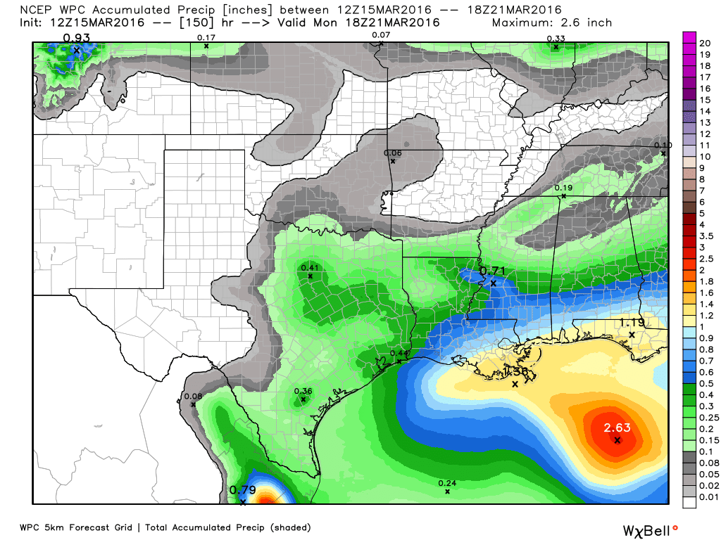 NOAA rain accumulation forecast for now through Saturday. (Weather Bell)