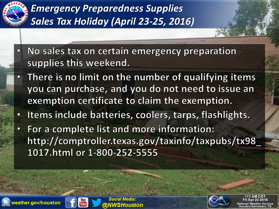 Sales tax holiday on emergency supplies this weekend in Texas. (NWS)