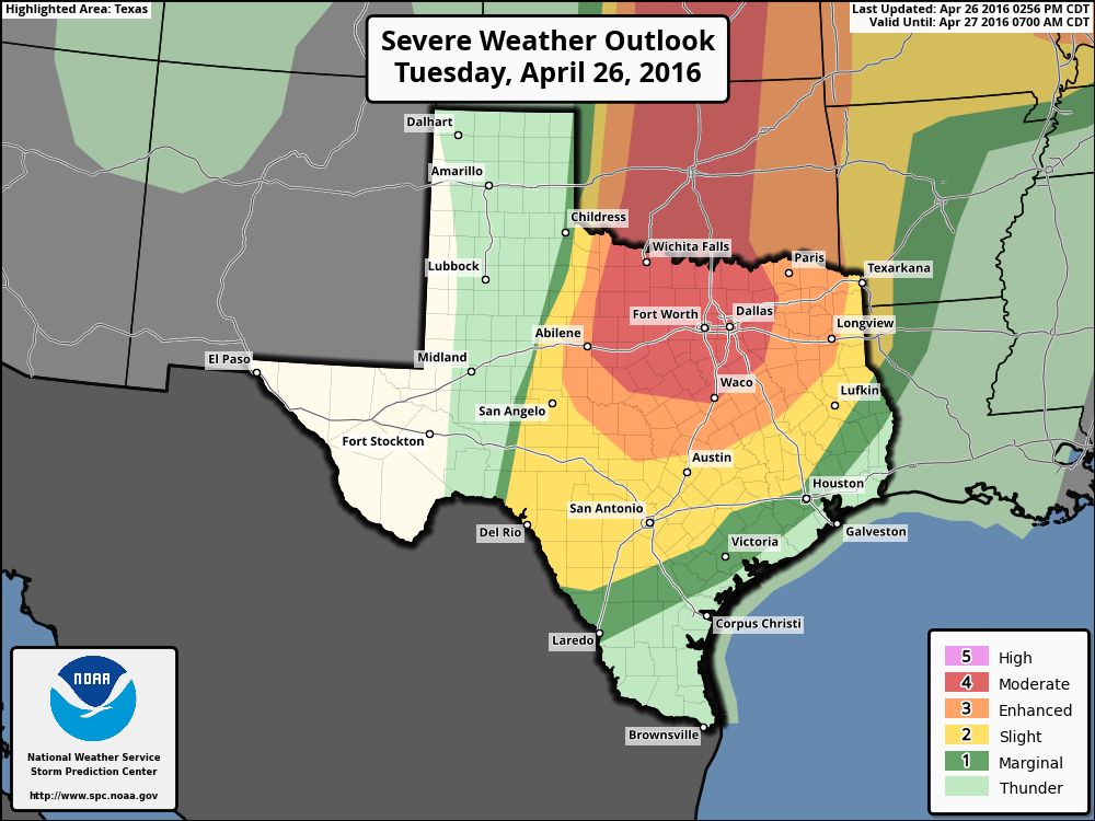 Severe weather outlook for storms tonight. (NOAA)
