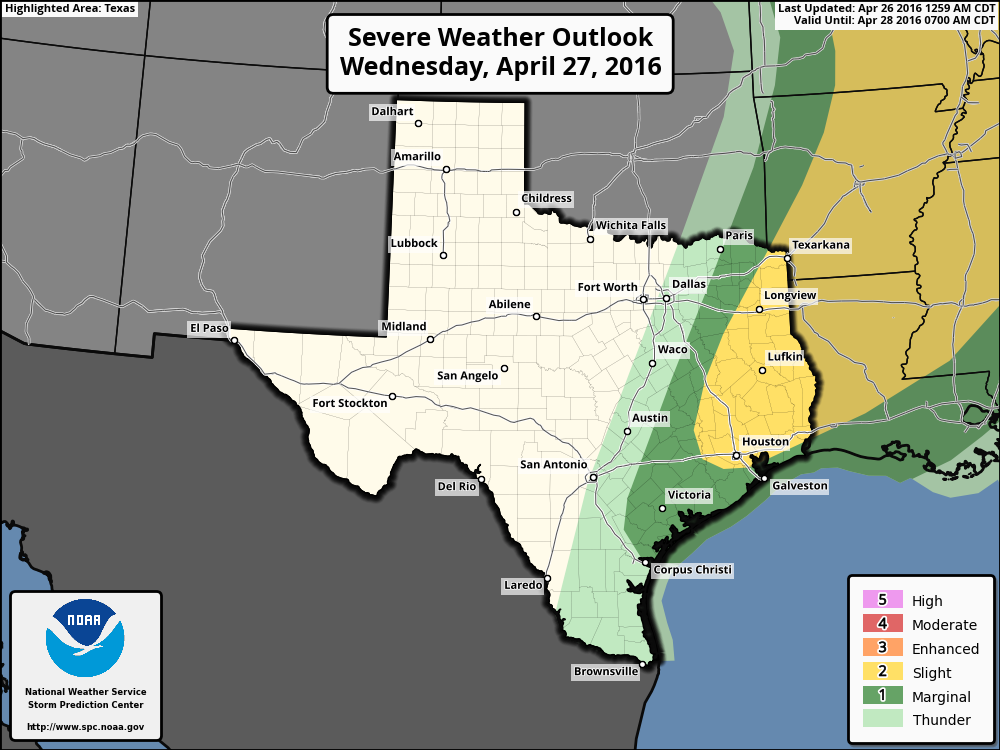 The potential for storms on Wednesday morning is greatest to the north and northeast of Houston, but that doesn't mean the city is in the clear. (NOAA)