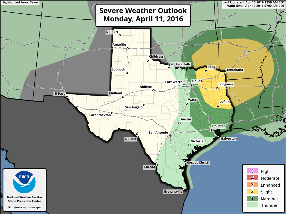 Storms are possible Monday to the northeast of the Houston metro area. (NOAA)