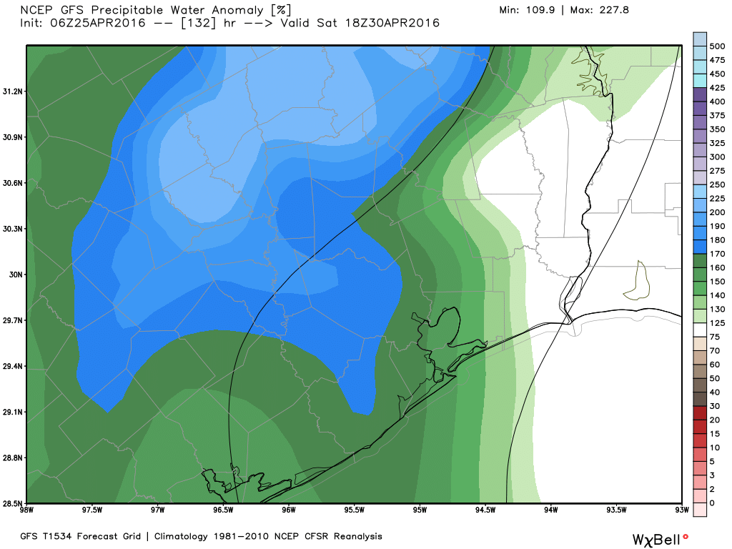 The GFS model shows precipitable water levels spiking on Saturday afternoon. (Weather Bell)