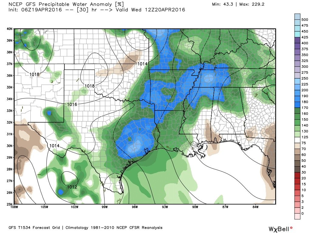 Atmospheric moisture levels will be more than 200 percent above normal on Wednesday morning, around sunrise. (Weather Bell)