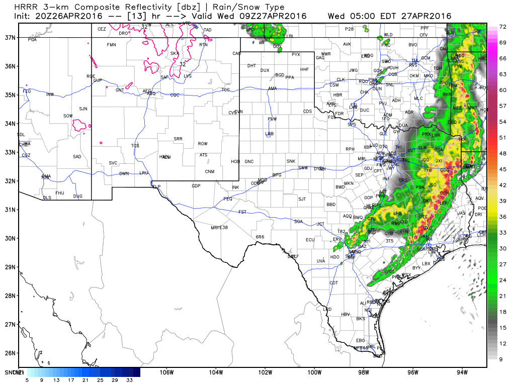 The high-resolution HRRR model shows a line of storms entering Houston at 5am CT. (Weather Bell)
