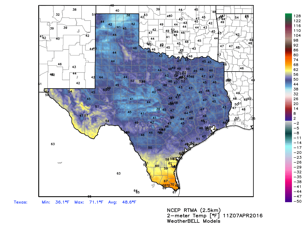 Embrace to cool air, Texas, because in a few weeks most of this map will be orange during the morning hours. (Weather Bell)