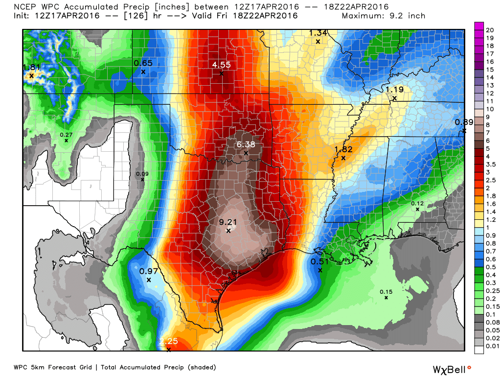 NOAA forecast for rainfall accumulation between now and Thursday. (Weather Bell)