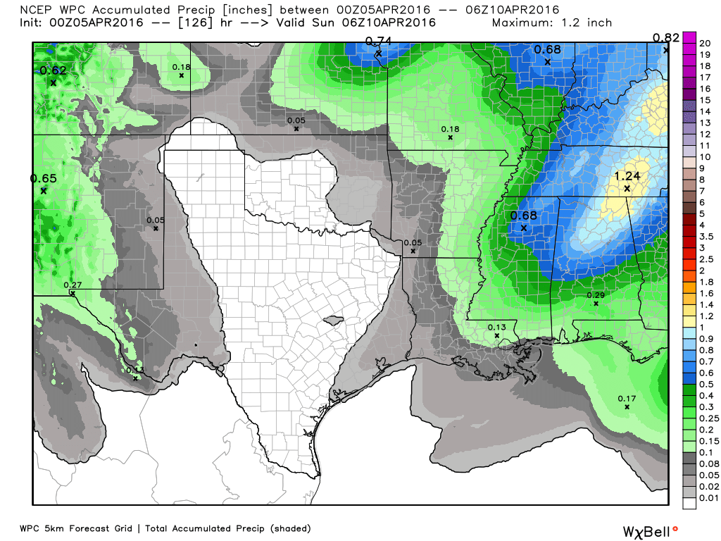 Almost all of the rain associated with a mid-week front should come well to the northeast of Houston. (Weather Bell)
