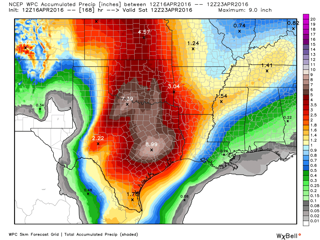 NOAA's latest rainfall accumulation forecast shows the heaviest rain just to the northwest of Houston. (Weather Bell)