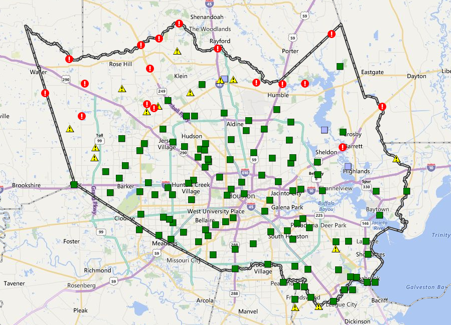Bayou/creek status as of 6:30 AM. Red means out of banks, yellow means near top of bank. (Harris County Flood Control)