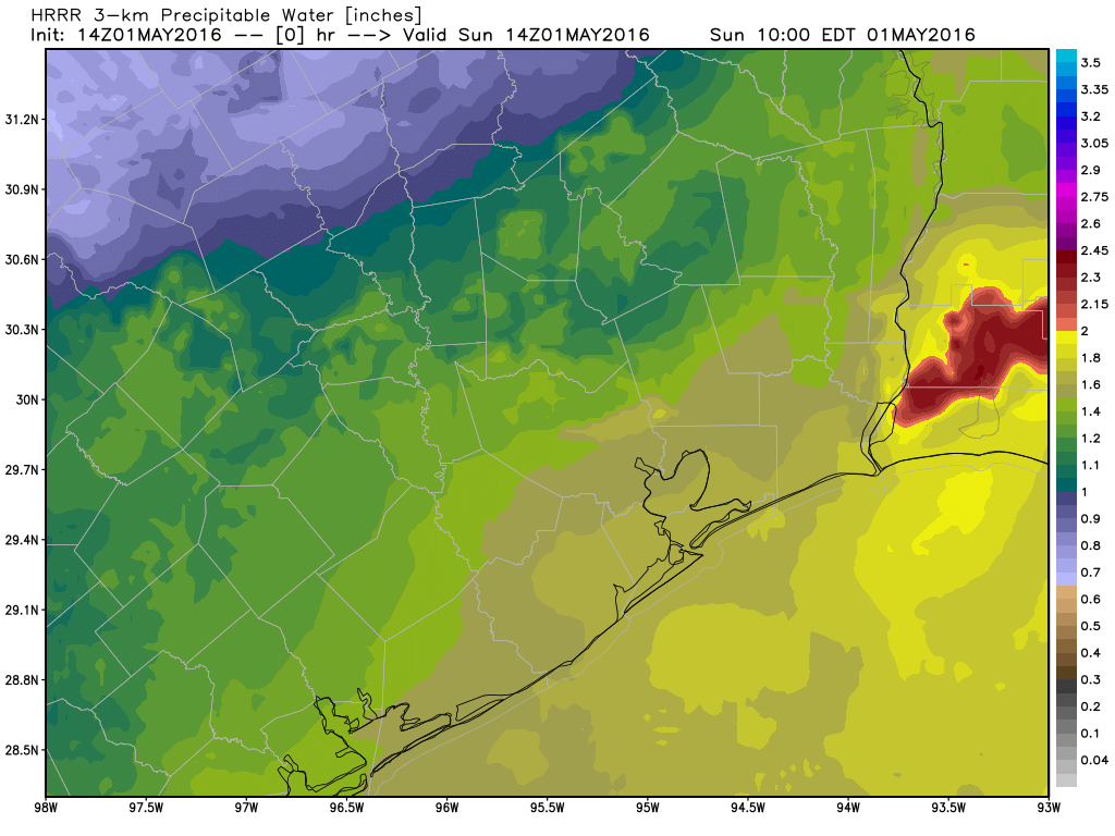 HRRR model animation of precipitable water values rising in the Houston area today .(Weather Bell)
