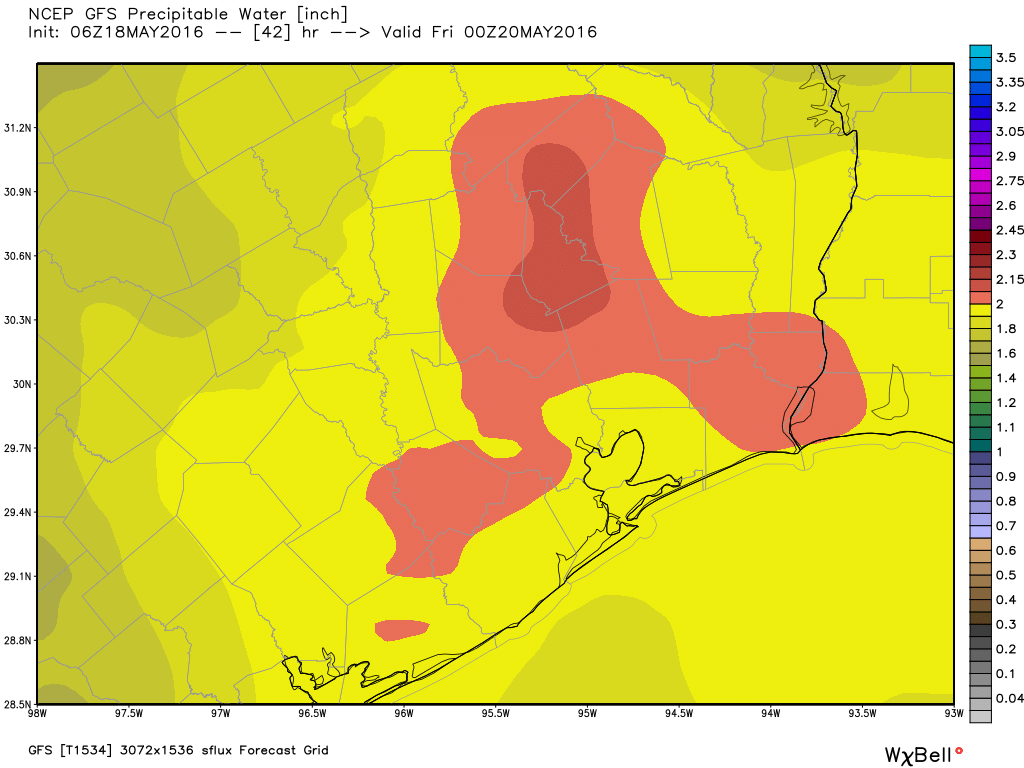 Precipitable water forecast for 7pm CT on Thursday. Red areas indicate highest moisture levels. (Weather Bell)