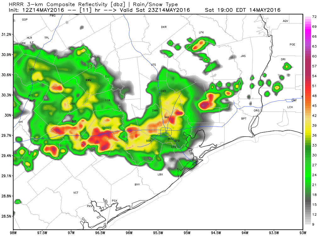 HRRR model forecast for 6pm CT on Saturday. (Weather Bell)