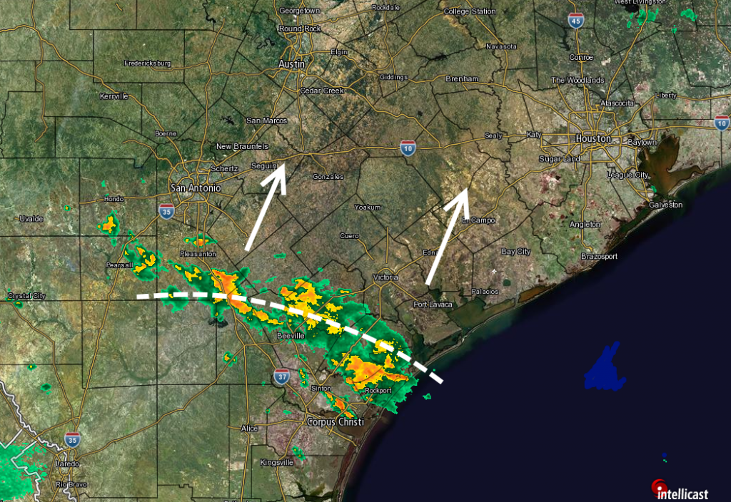 A northward moving boundary will help focus showers today in Houston. (Intellicast)