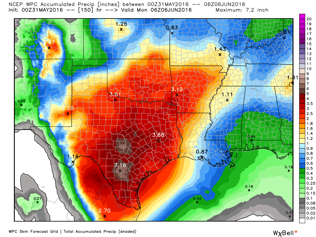 NOAA rain accumulation forecast for now through Sunday. (Weather Bell)