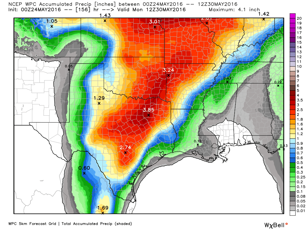 NOAA rain accumulation forecast for now through the holiday weekend. (Weather Bell)