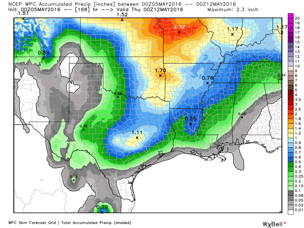 NOAA rain accumulation forecast for now through next Wednesday. (Weather Bell)