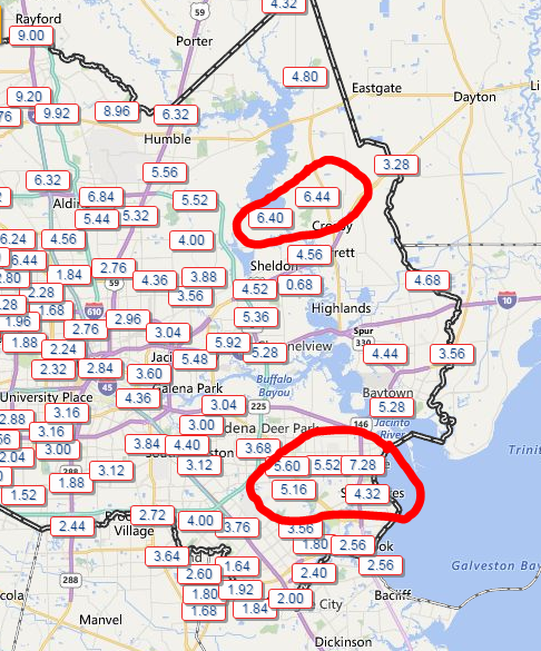 Two day rain totals of 5-8" in both Northeast and Southeast Harris County. (Harris County Flood Control)
