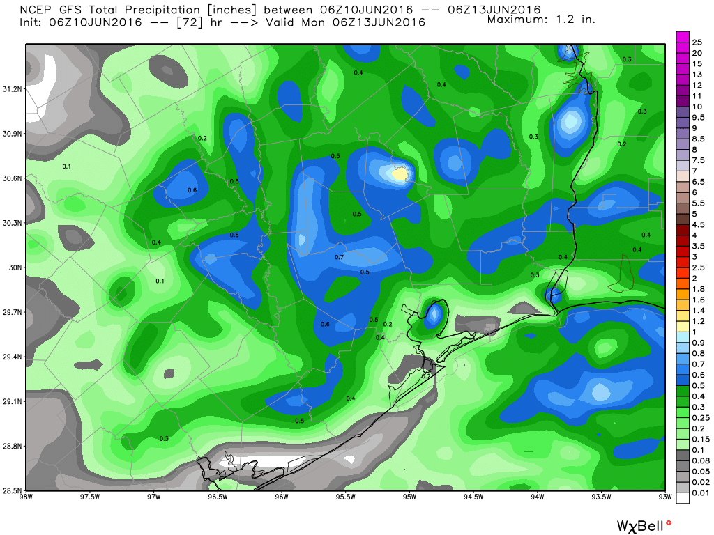 GFS model forecast total rain this weekend shows the sporadic, spotty pattern to it; a few of us may see 1-2", others not much at all. (Weather Bell)