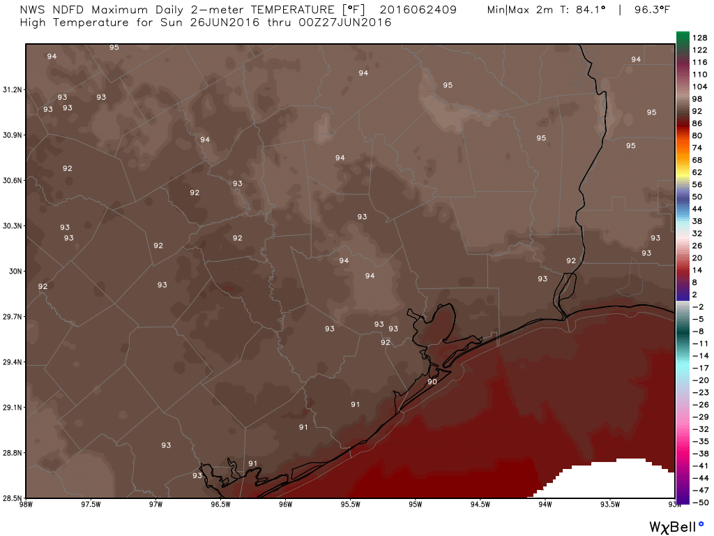 Sunday's forecast high temperatures could reach the mid 90s again. (Weather Bell)
