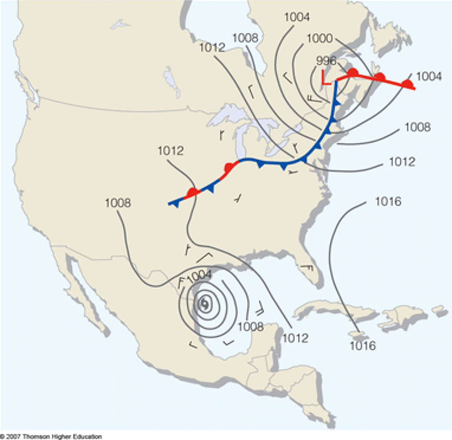 Surface weather map showing a tropical cyclone in the Gulf, and an extra-tropical cyclone in the NE US (Ahrens)