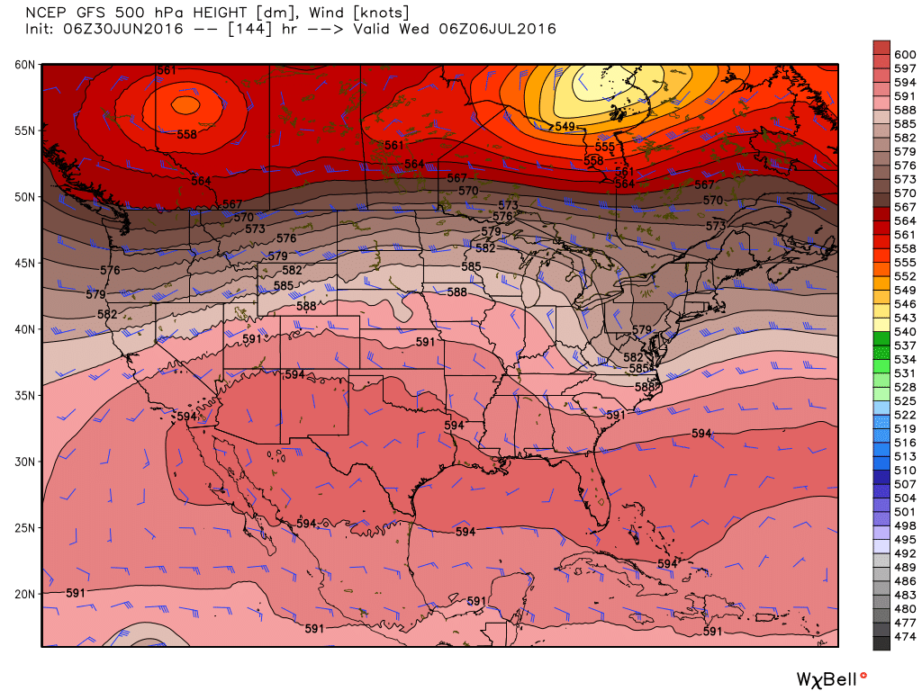 High pressure builds over Texas next week (this map shows the Wednesday morning forecast from the GFS model). (Weather Bell)