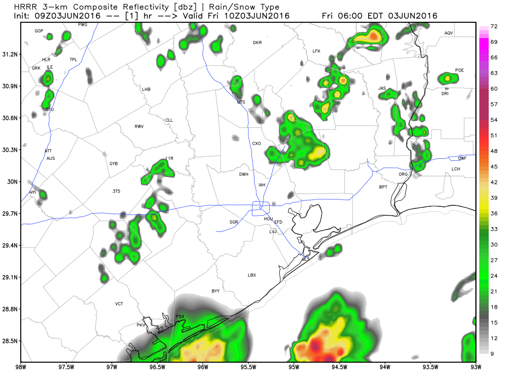 HRRR model forecast radar from this morning shows additional showers and storms today. (Weather Bell)