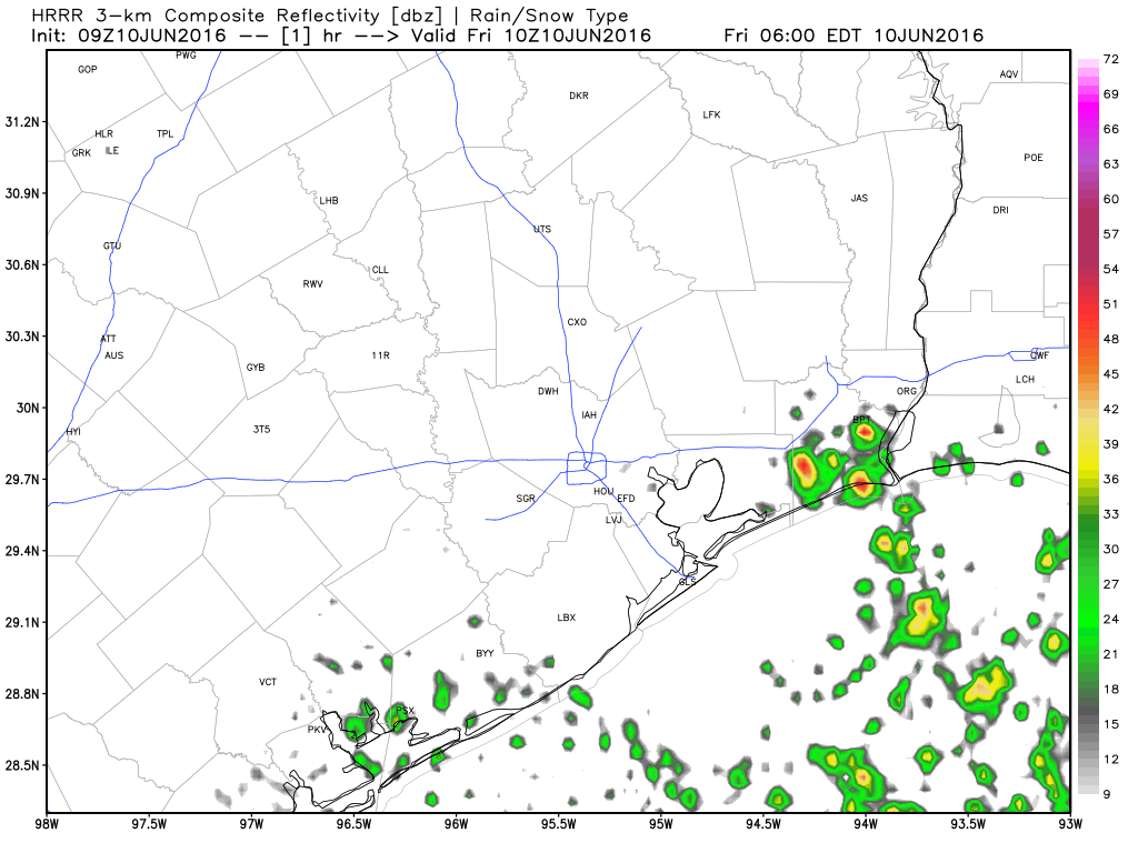 HRRR model shows just a few downpours or thunderstorms in the region today. (Weather Bell)