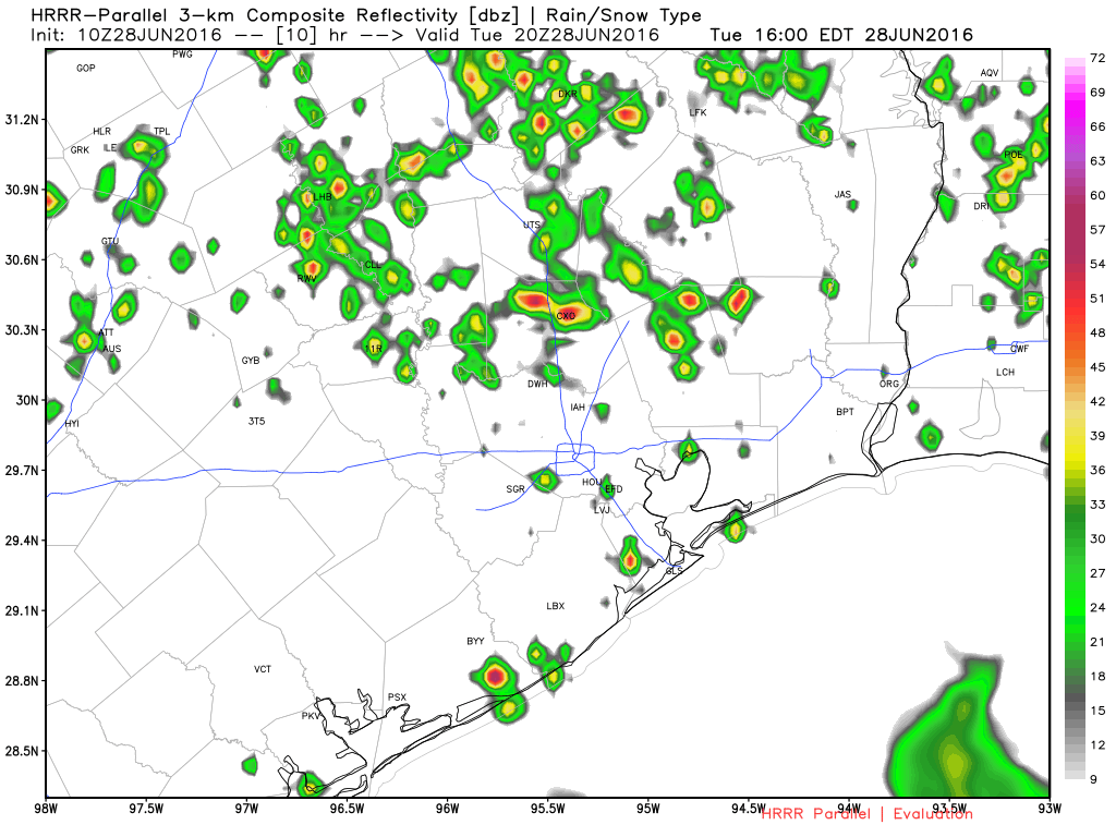 HRRR model forecast for rain at 3pm CT on Tuesday. (Weather Bell)