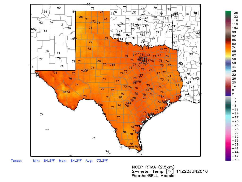 Texas is seeing typical summertime lows for late June this morning. (Weather Bell)