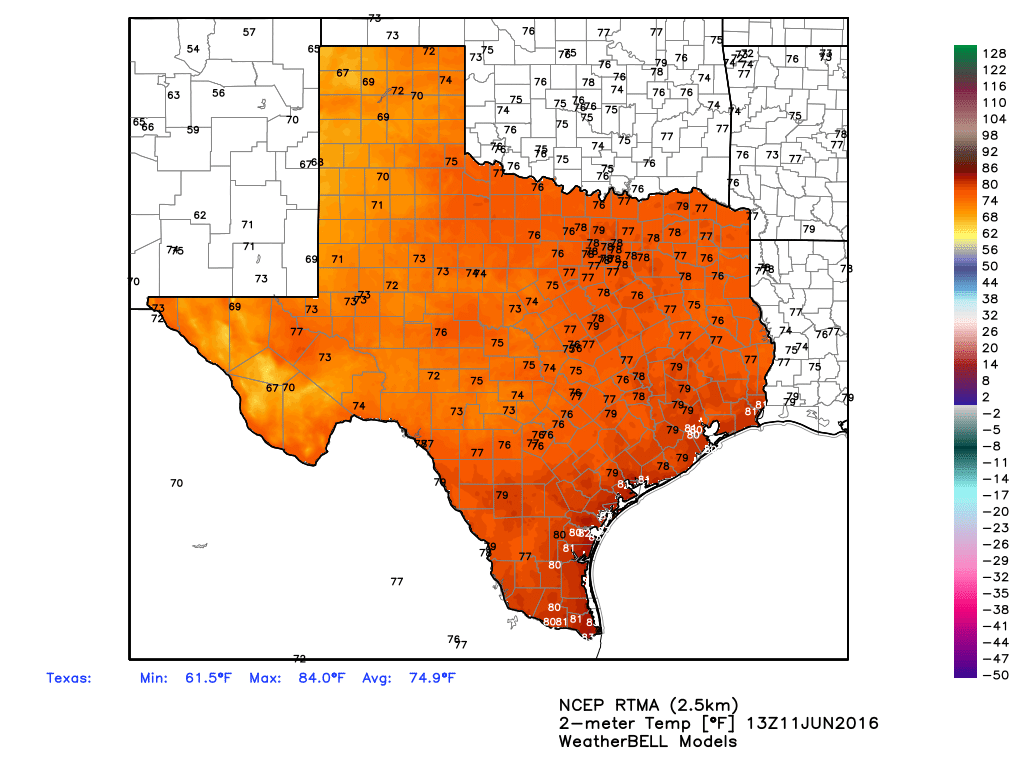It's already a warm morning across Texas as of 8am CT. (Weather Bell)