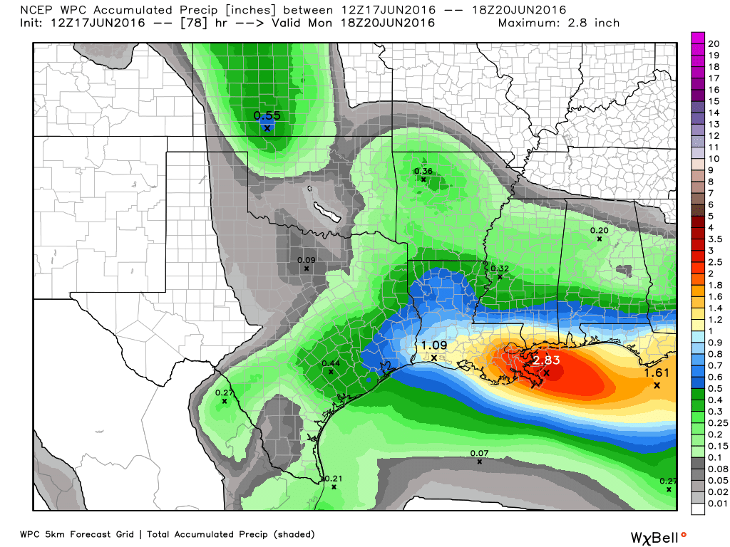 NOAA rain accumulation for now through Monday morning. (Weather Bell)