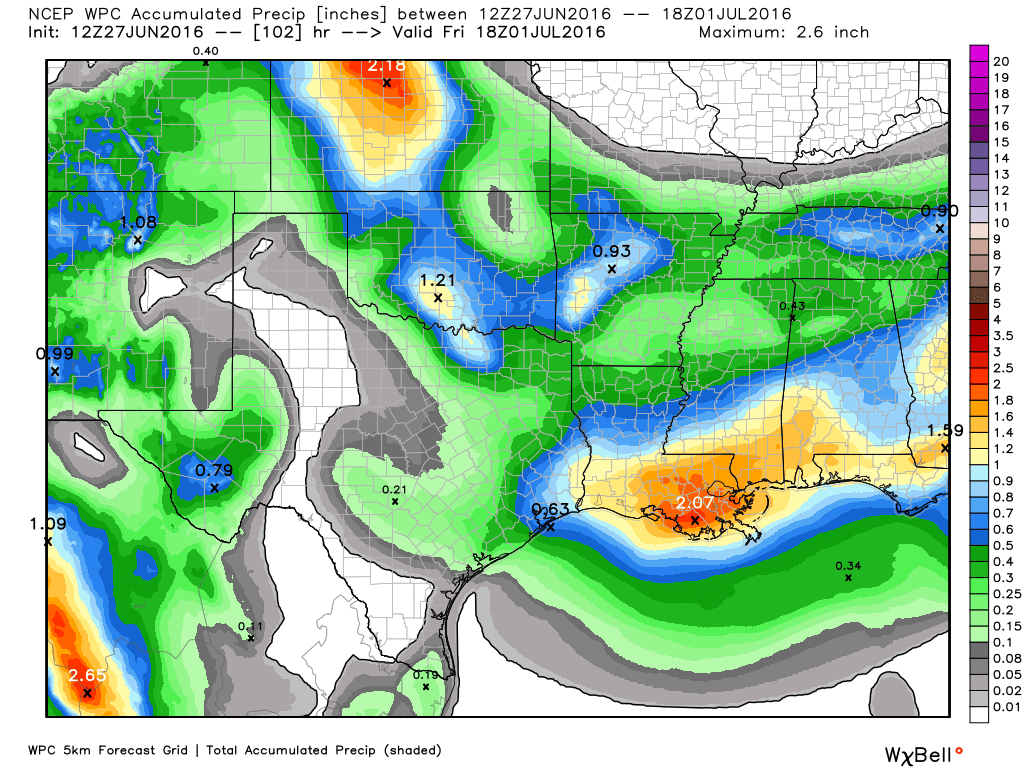 NOAA rain accumulation forecast for now through Thursday. (Weather Bell)