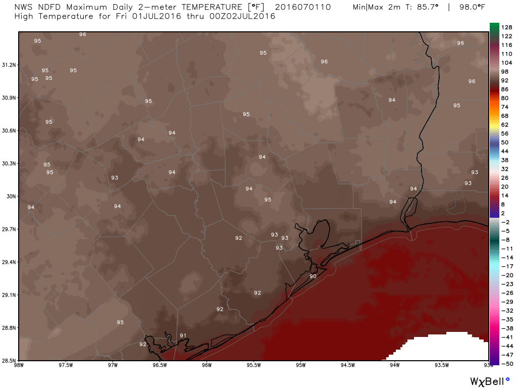 Forecast high temperatures today look near typical for July: Hot. (Weather Bell)