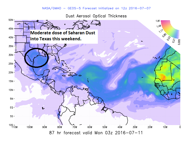 Snapshot of forecast dust over Texas by Sunday evening. (NASA)