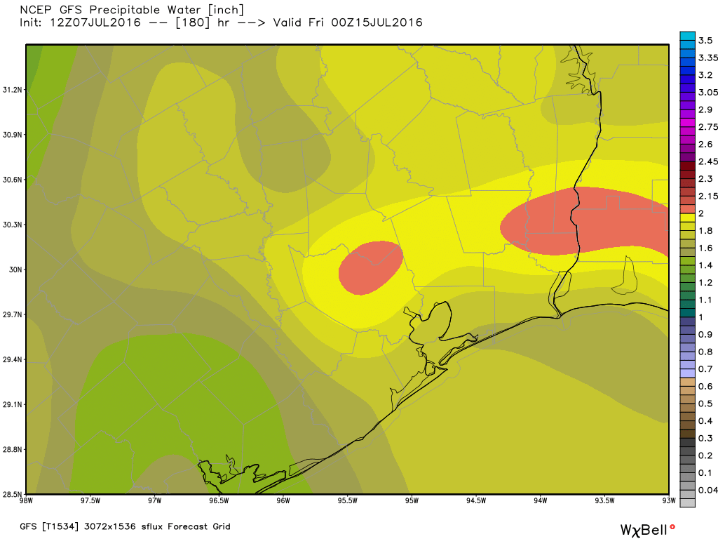 GFS PWAT forecast for next week shows more moisture will be available for thunderstorms. (Weather Bell)